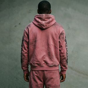 Ensemble de sweats à capuche personnalisés avec logo sérigraphié, en molleton 100 % coton, délavé à l'acide, effet vieilli, avec strass, pour homme, style streetwear - Product Image 3