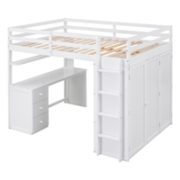 Lit mezzanine pleine grandeur avec tiroirs, bureau et armoire, lit mezzanine multifonctionnel en pin, blanc
