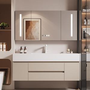 Modern Cream Style Bathroom Vanity Combo with MDF & Melamine Board <b>Wall</b>-Mounted LED <b>Mirror</b> Included Ceramic Basin Cabinet - Product Image 3