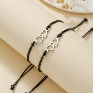 Heart-Shaped <b>Couple</b> <b>Bracelet</b> Alloy Adjustable Fashion Jewelry For Valentine's Day Unisex Gift Set - Product Image 2