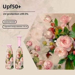 Paraguas Portátil con Estampado Floral, Protección UV, 96 cm de Diámetro Abierto, Seis Varillas, Mango Retráctil de Cinco Pliegues y Correa Ancha - Product Image 3