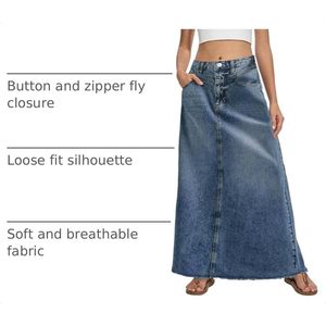 Jupe longue en jean vintage personnalisée pour femme, taille haute, coupe trapèze, ourlet effiloché, avec poches - Product Image 4