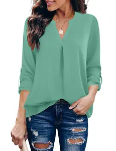 Long Sleeve Blouse For Women Beryl Green Women's Blouses 3/4 Sleeve Work Shirt Chiffon Tunic Top Office Wear