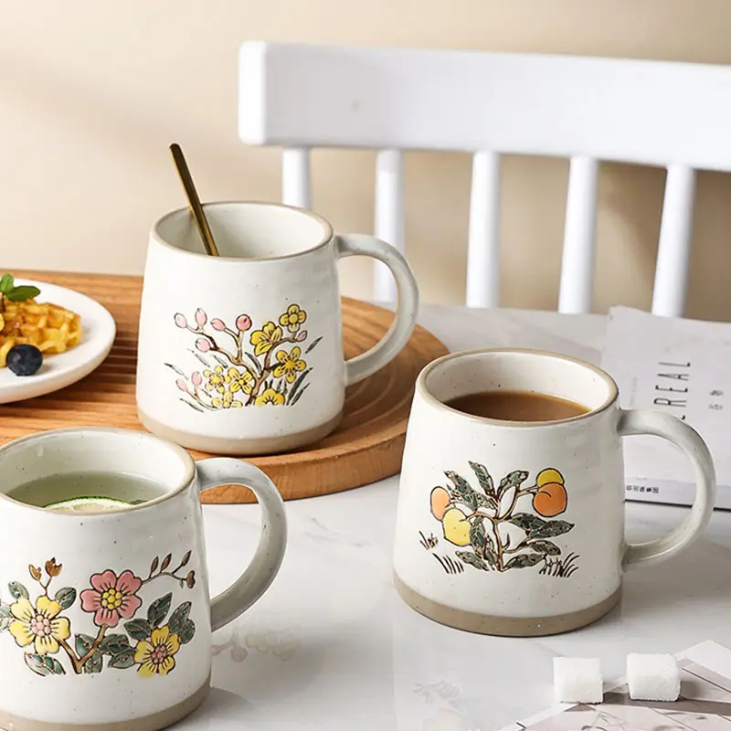 Factory Direct Sell Retro vintage rough pottery ceramic coffee mug simple household handmade flower afternoon tea mug
