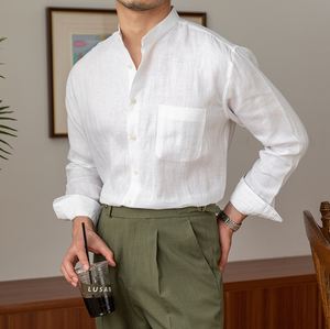 Camicie Estive da <span class=keywords><strong>Uomo</strong></span> Personalizzate in Lino con Colletto alla Coreana, Tinta Unita, Traspiranti e Senza Stiratura, a Maniche Lunghe - Vendita all'Ingrosso - Product Image 4