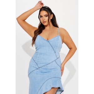 Manufacturer Customized Style Color Denim <b>Spaghetti</b> <b>Straps</b> High Slit Ruffle Hem Women Causal Dress - Product Image 5