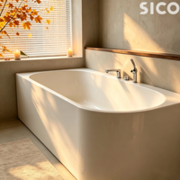 Baignoire autoportante en acrylique blanc brillant, gain de place, baignoire d'angle contre le mur
