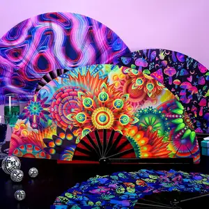 2024 Hot Sale Custom Promotional Large Rave Satin Fabric Hand Held Fan Folding Fans For Party