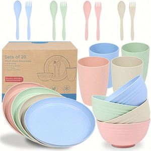 Nouvel ensemble de vaisselle écologique incassable Sinoge Design 28 pièces en paille de blé : couverts, tasses, bols et assiettes - Product Image 4