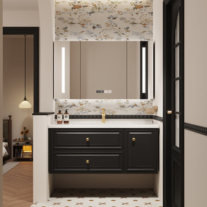 French retro ceramic integrated basin intelligent lighting <b>mirror</b> solid wood American style light luxury bathroom cabinet - Product Image 6