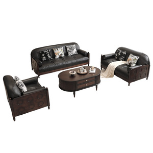 American Vintage Solid Wood Leather Sofa Full Grain Cowhide 123 Combination Living Room Mid-Century Modern Straight Four <b>Seat</b> - Product Image 3
