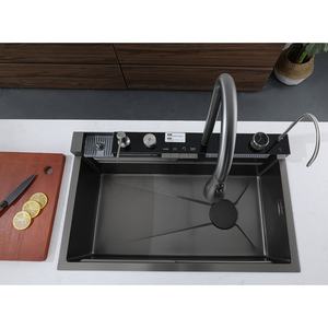 כיור מטבח מודרני מנירוסטה שחורה, קערה בודדת, חור לברז, משטח עמיד בפני שריטות וקל לניקוי - Product Image 1