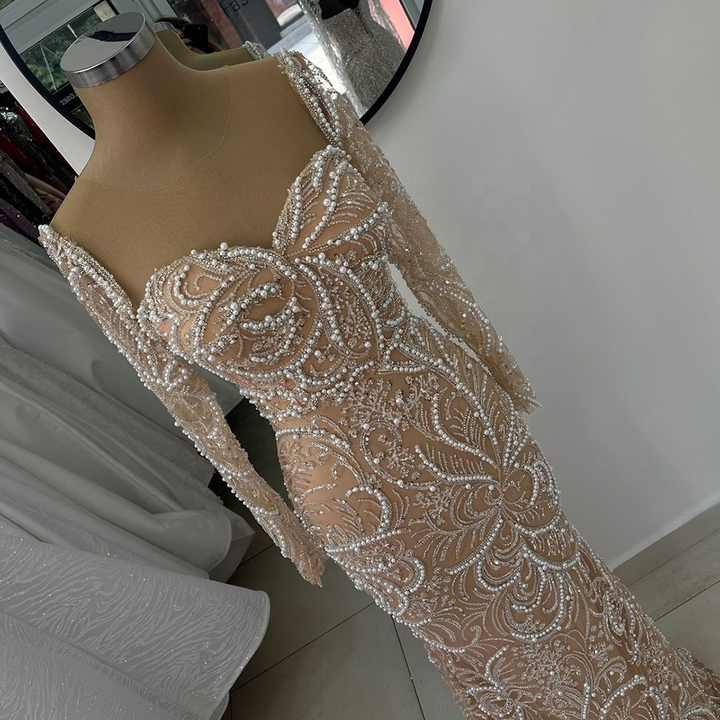 Arabic Nude Strapless Mermaid Tassel Beaded Luxury Evening Dress Gown LA72237
