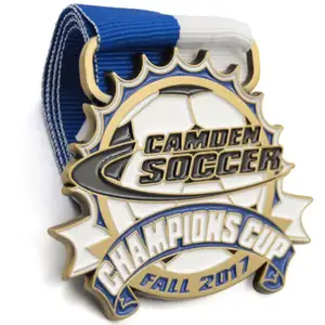 Design custom metal logo sport football cup trophy and medal with ribbon