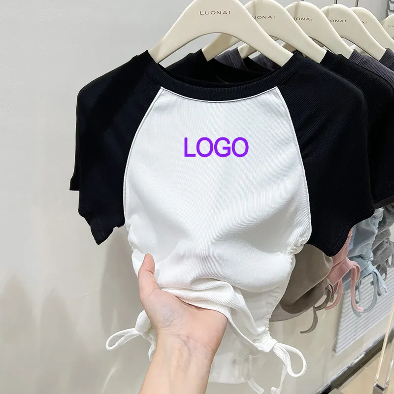 Y2K personnalisé contraste couleur manches raglan haut court bébé t-shirt froncé cordon côtelé coton à manches courtes t-shirt court femmes