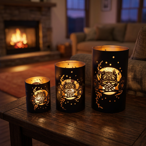 Sonnet Decor <b>Black</b> <b>Lantern</b> Iron Handmade Digital Printing 1 Color Die Cut Owl Design Heat Resistant Christmas Candle Holders - Product Image 2