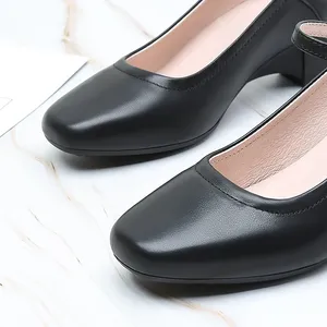 Giày công sở nữ da đen kiểu Lolita thanh lịch, gót trung, mũi vuông, họa tiết trơn, tăng chiều cao. - Product Image 2