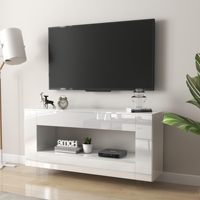 Meuble TV blanc brillant avec 2 tiroirs, portes à ouverture par pression et étagères réglables, console multimédia moderne pour téléviseurs jusqu'à 65 pouces