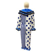 Gruseliges Clown-Kostüm für Herren, blau gepunkteter, gestreifter Overall mit Rüschenkragen, orangefarbene Pompons für Erwachsene, Cosplay-Party