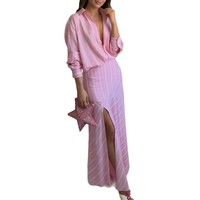 Nouvelle collection été : Ensemble robe chemise boutonnée à manches longues rayée, style décontracté, mode transfrontalière européenne et américaine pour femme