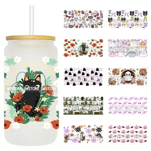Mignon Halloween Fantôme <span class=keywords><strong>Chat</strong></span> Noir UV DTF Wraps Transfert Autocollant Auto-adhésif Impressions Imperméables pour 16OZ Libbey Verre Peut Gobelet - Product Image 1