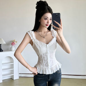 Chemisier en dentelle style féminin français, col en V, texture texturée, coupe ajustée, sans manches, haut d'été pour femme - Product Image 3