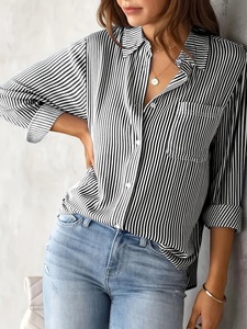 Camicia da <span class=keywords><strong>Donna</strong></span> a Righe Intrecciate con Bottoni, <span class=keywords><strong>Oversize</strong></span>, Maniche Lunghe, Vestibilità Comoda, Blu e Bianca, <span class=keywords><strong>Blusa</strong></span> da Ufficio, Top Quotidiano - Product Image 5