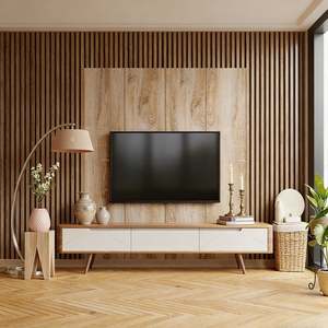 Minimalist <b>TV</b> <b>Stand</b> Floating Media Console MDF Plywood Grille Plate Decoration Wood Design for Apartment Living - Product Image 3