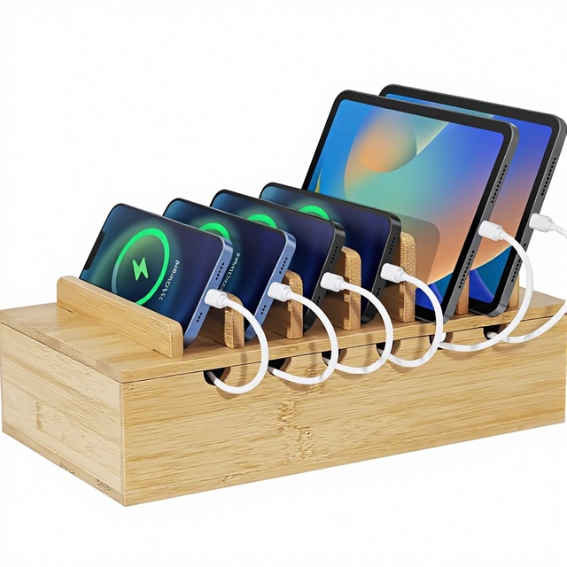 Bamboo Standing Type Charging Station for Multiple Devices Desk Docking Organizer Compatible iPhone Includes 6 Cables