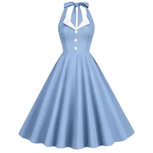 50S kontrast Vintage turn-aşağı yaka Backless Halter boyun elbise romantik tatil tarihi Flare kokteyl elbise nedime elbisesi