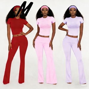 Completo Sportivo Casual da Donna 2026 con Logo Personalizzato: Top a Maniche Corte <span class=keywords><strong>e</strong></span> <span class=keywords><strong>Pantaloni</strong></span> <span class=keywords><strong>Lunghi</strong></span> con Fascia per Capelli, Tinta Unita - Product Image 1