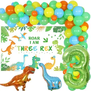 Green Dinosaur 3rd Birthday Decorations for Boy Three Rex Backdrop Dinosaur Balloon Garland for Third Birthday Party