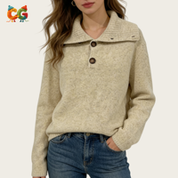Pull-over décontracté pour femme à col rabattu avec détails boutonnés, manches longues, couleur unie, coupe ample, personnalisable avec logo CG - Fournisseur