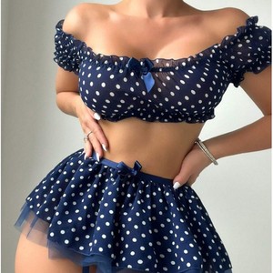 Ensemble Deux Pièces <span class=keywords><strong>Lingerie</strong></span> <span class=keywords><strong>Sexy</strong></span> à Pois Épaules Dénudées Type Jupon, en Stock Usine, Vente en Gros - Product Image 1