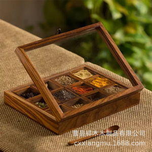 Wooden Spice Storage <b>Box</b> 30x22.5x7cm Flip Top <b>Glass</b> Lid Divided Compartments For Kitchen Organization - Product Image 4