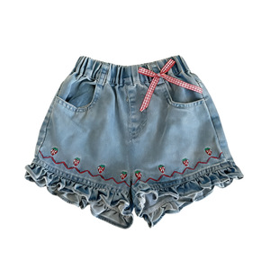 Girls Denim Shorts Strawberry Embroidery Ruffle Hem Summer Baby Bottoms A-<b>Line</b> Style - Product Image 3