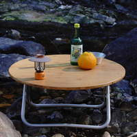 Table de camping et pique-nique pliante portable d'extérieur, mini, ronde, avec cadre en aluminium et plateau en bambou, basse, avec sac de transport, 2 places, vente en gros