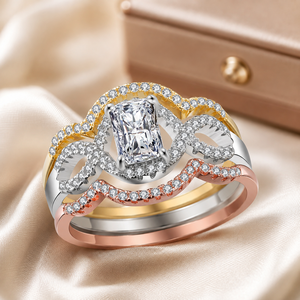 Set di tre anelli con zirconi cavi a tre colori per donna, gioielli eleganti e alla moda - Product Image 3