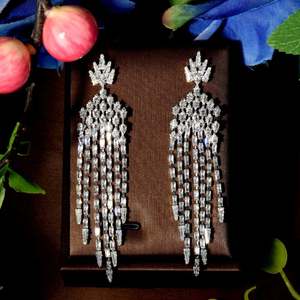 Pendientes Largos con Borla y Circonitas Cúbicas Geométricas, Joyería para Mujer, Bodas, Fiestas, Brincos E52 - Product Image 1