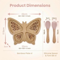 Ensemble de 4 assiettes divisées en bambou en forme de papillon pour bébé, plateau d'alimentation pour tout-petits avec cuillère et fourchette en bois et silicone