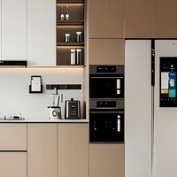 Ensemble de meubles de cuisine modulaire en forme de U, style minimaliste moderne, sans poignées, avec rangement intégré