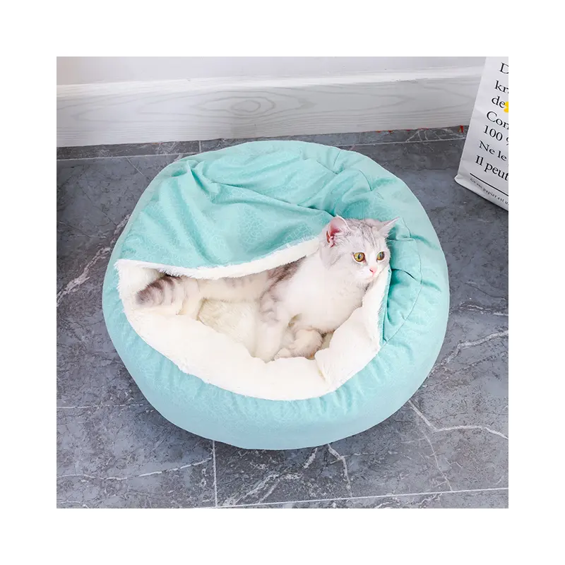 Queeneo Luxury Pet Bed Round Plush Faux Fur Donut Pet Bed with Non-slip Bottom Hooded Blanket Cuddle Pet Cushion