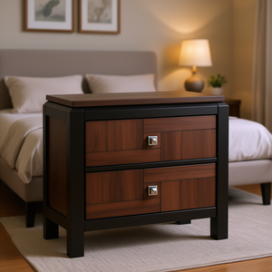 Table de chevet en bois massif de style transitionnel Acacia Walnut à 2 tiroirs avec poignées chromées, meubles de chambre à coucher modernes - Product Image 2