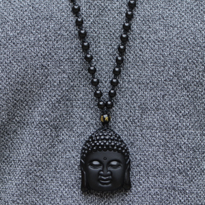 Chine vente en gros pas cher grosses perles religieuses thaïlandaises obsidienne noire visage <span class=keywords><strong>bouddha</strong></span> pendentif collier masculin bijoux avec chaîne en corde pour hommes - Product Image 5