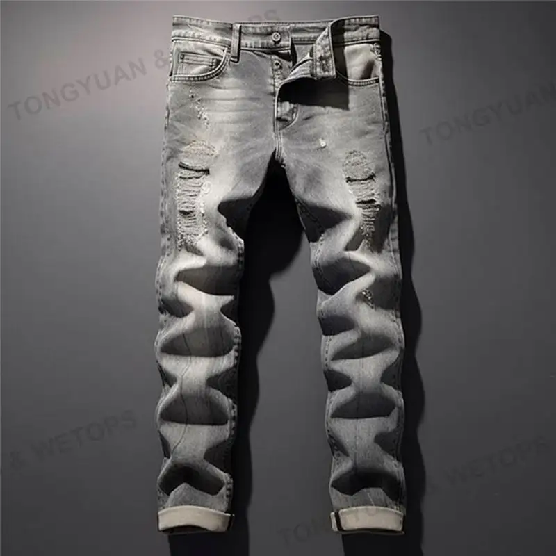 2023 Casual Jeans Grijze Distressed Gebleekte Gescheurde Denim Broek Europese En Amerikaanse Mode Heren Jeans