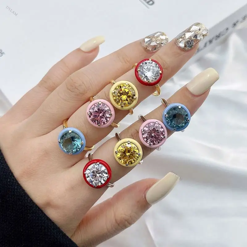 Dylam anel de prata 925 pura, joia colorida com esmalte redondo brilhante, corte rosa, amarelo, branco e azul
