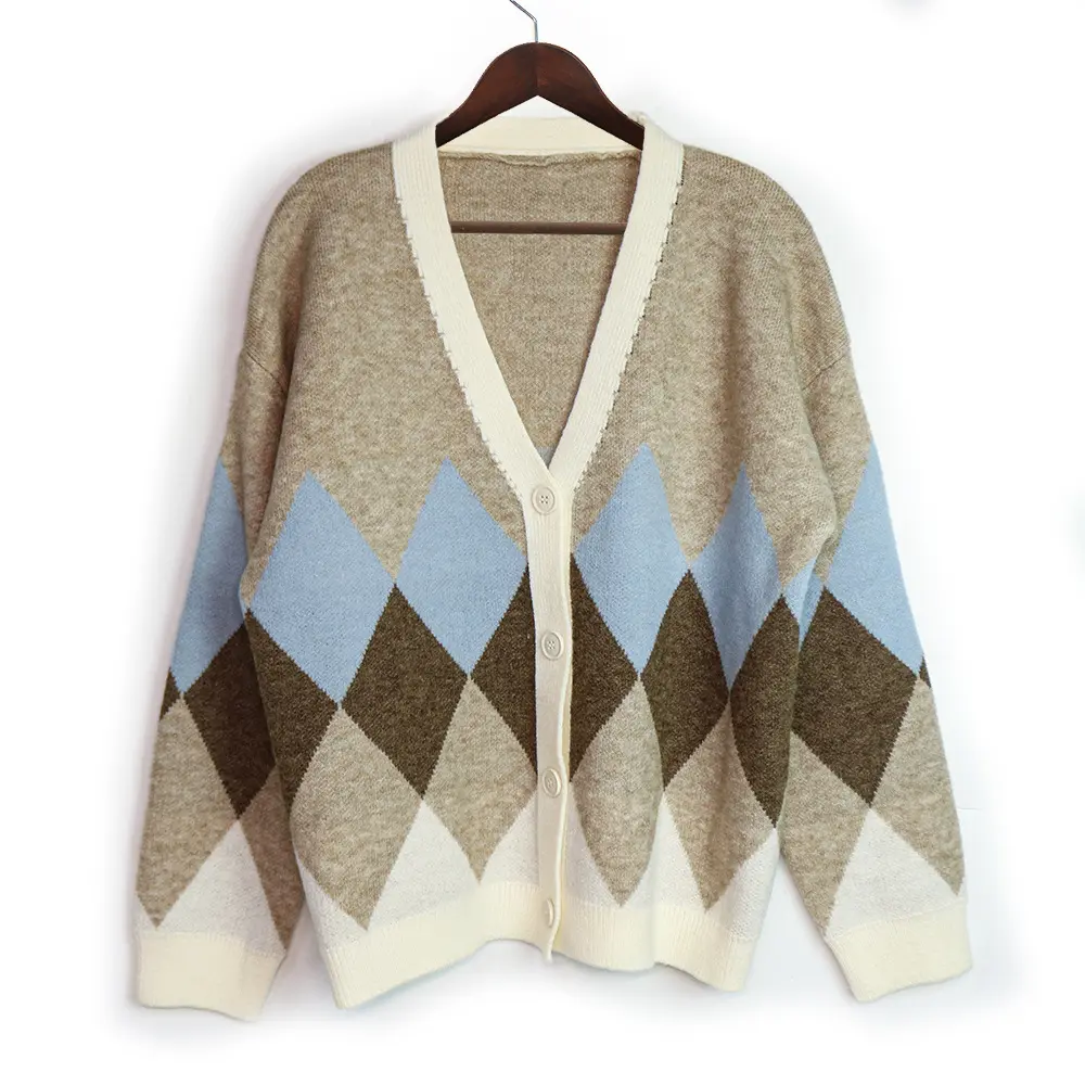 2024 Europa y los Estados Unidos nuevo suéter de lana de manga larga con cuello en V cárdigan de empalme de diamantes abrigo superior femenino Suelto