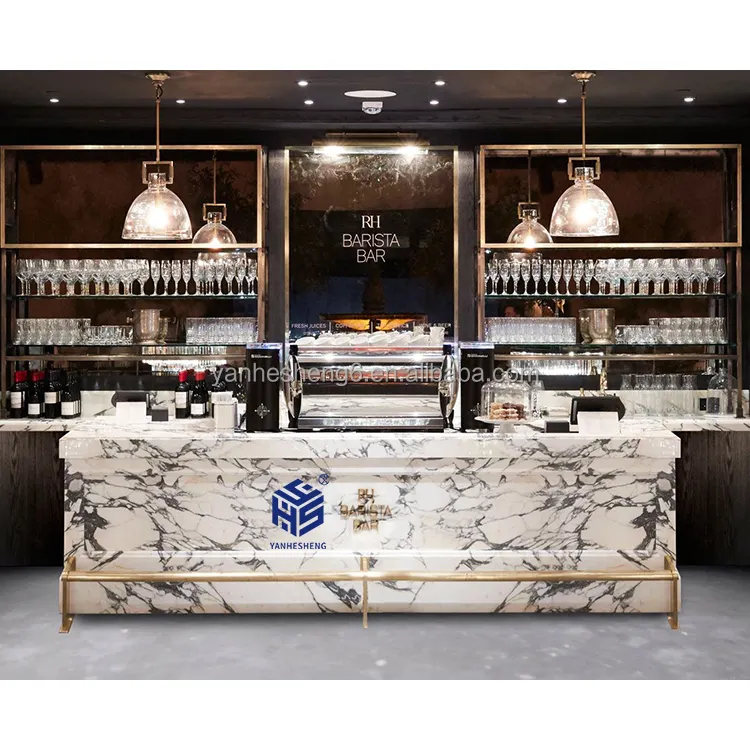 2024 จอแสดงผลห้องครัวร้านกาแฟเคาน์เตอร์บาร์ออกแบบ Carrara ทองแบบดั้งเดิมที่อยู่อาศัยเคาน์เตอร์บาร์หรูหราตู้ไวน์โรงแรม