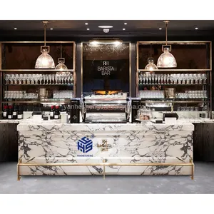 Balcão de bar com design de café, balcão de bar residencial tradicional em ouro Carrara, armário de vinho para hotel de luxo, exibição de cozinha, 2024