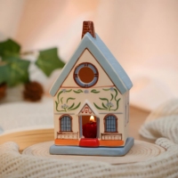 Maison en céramique Bougeoir Confortable Bleu Maison Village Affichage ChristmasTealight Poterie Cadeau de pendaison de crémaillère pour la décoration intérieure